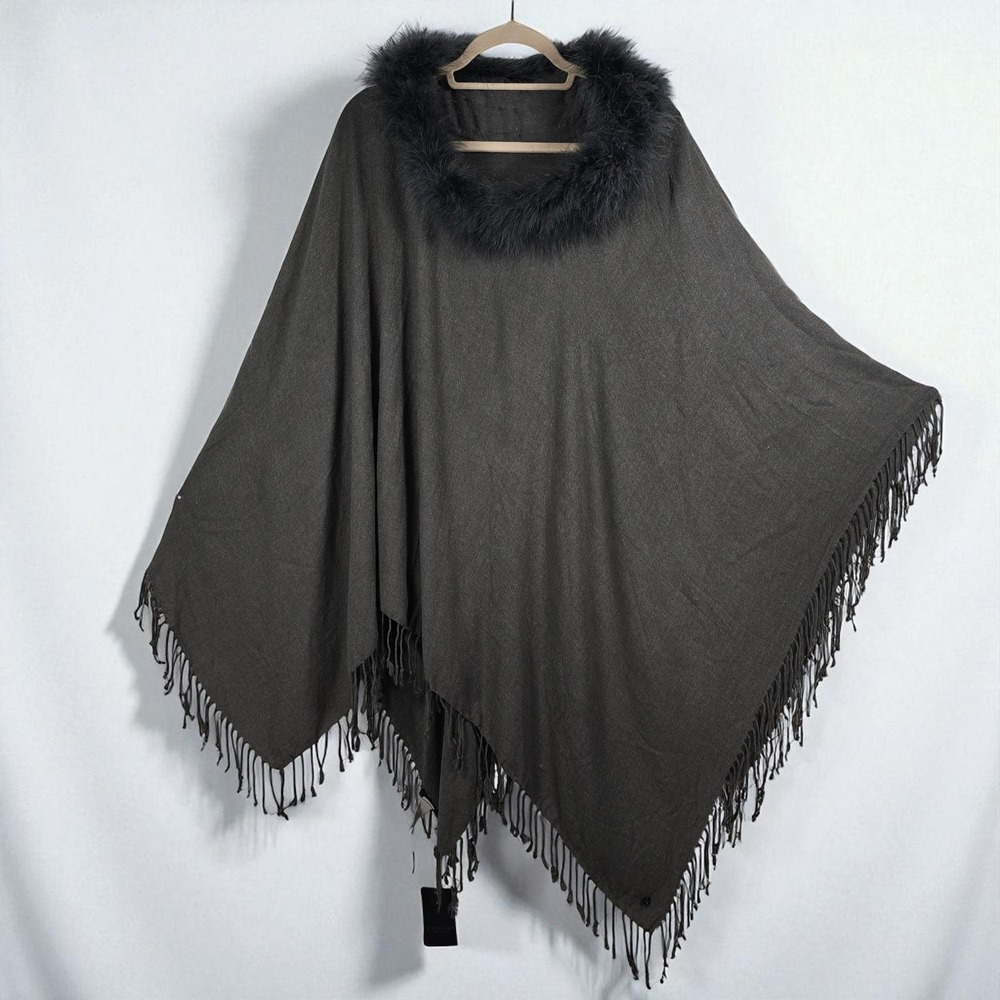 Twin-Set Simona Barbieri Gray Poncho Acrylic‎ with Feather Collar Woman MED NWT